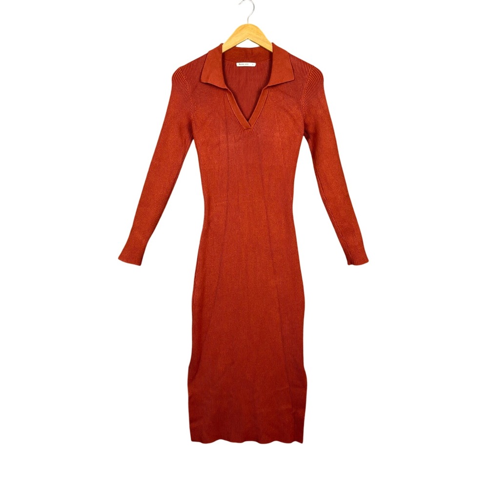 Marine Layer Ribbed Polo Midi Dress Womens S  Bamboo Stretch Burnt Orange Autumn